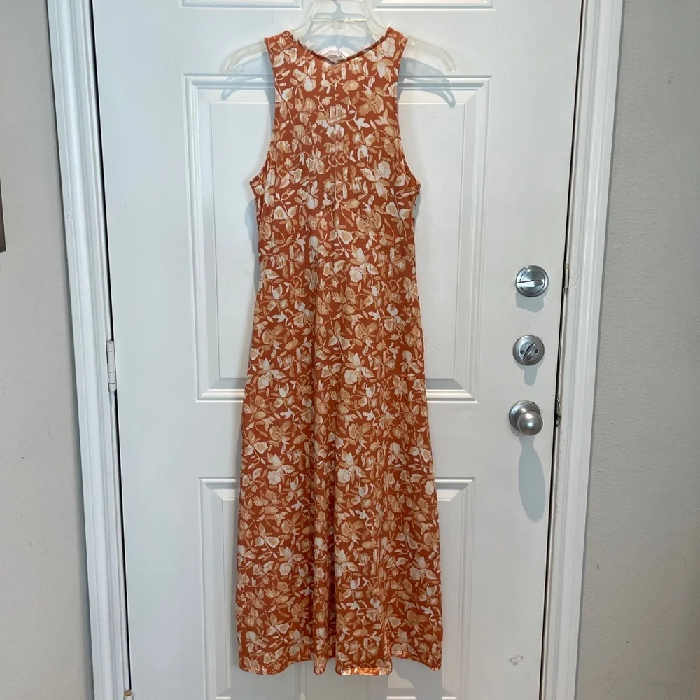 Soft Joie Orange Floral Empire Waist Fitted Bodycon Sleeveless Maxi Dress Medium
